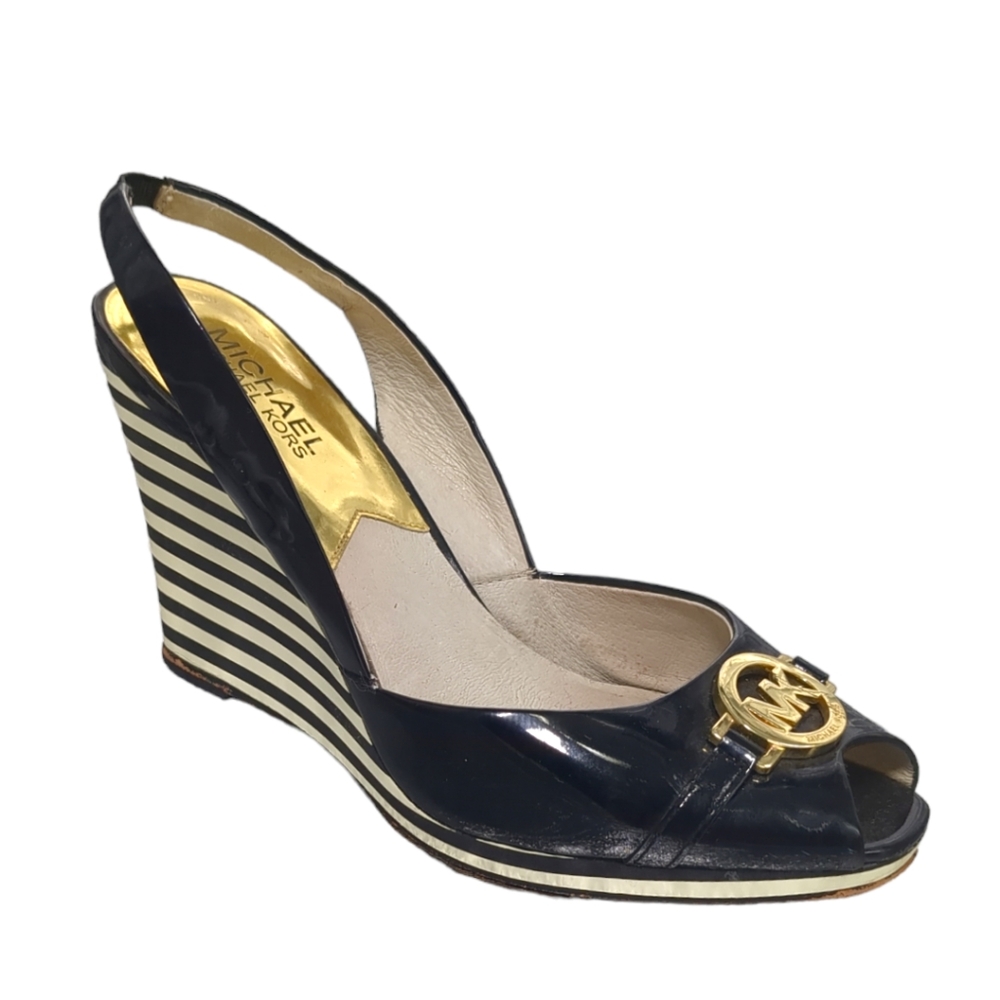 Michael Kors  Luxury Wedges Black and White Stripe Pattern Leather  Size 8